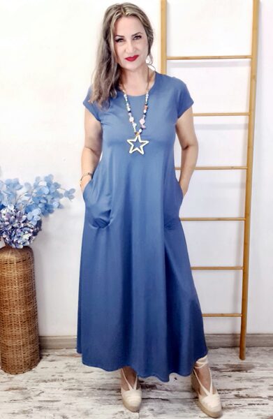 OUTLET VESTIDO LARGO FLEX MANGA AZUL Ultima talla 48